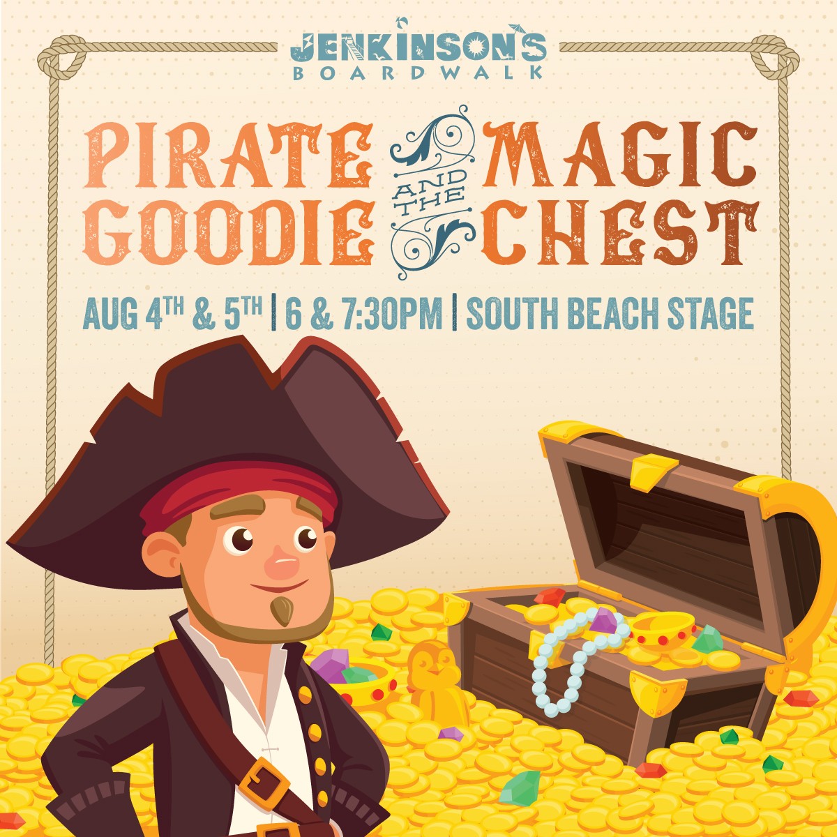 pirate goodie and the magic chest at jenkinsons boardwalk august 4 & 5