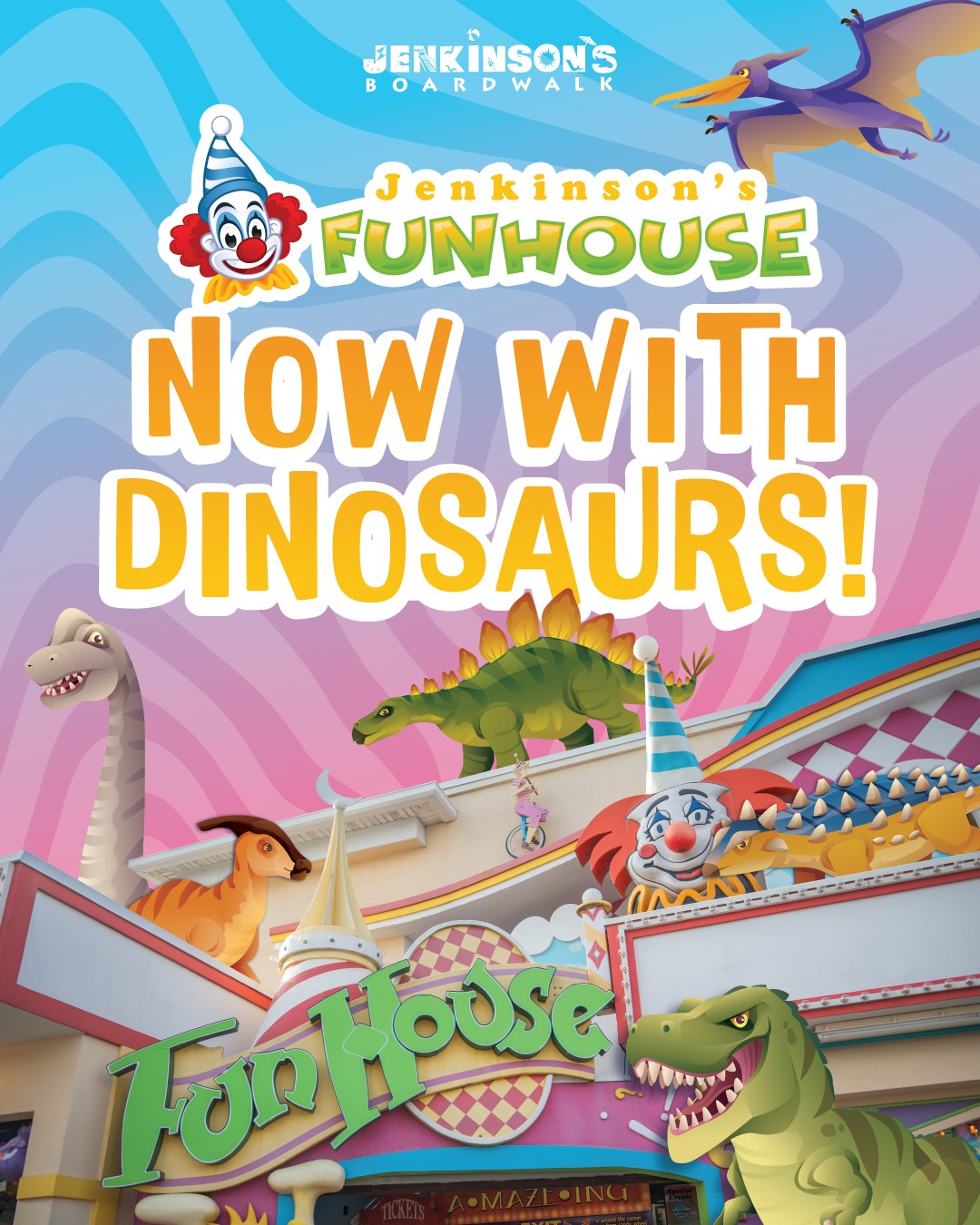 new dino ehibit in the Jenkinsin's Boardwalk Fun House