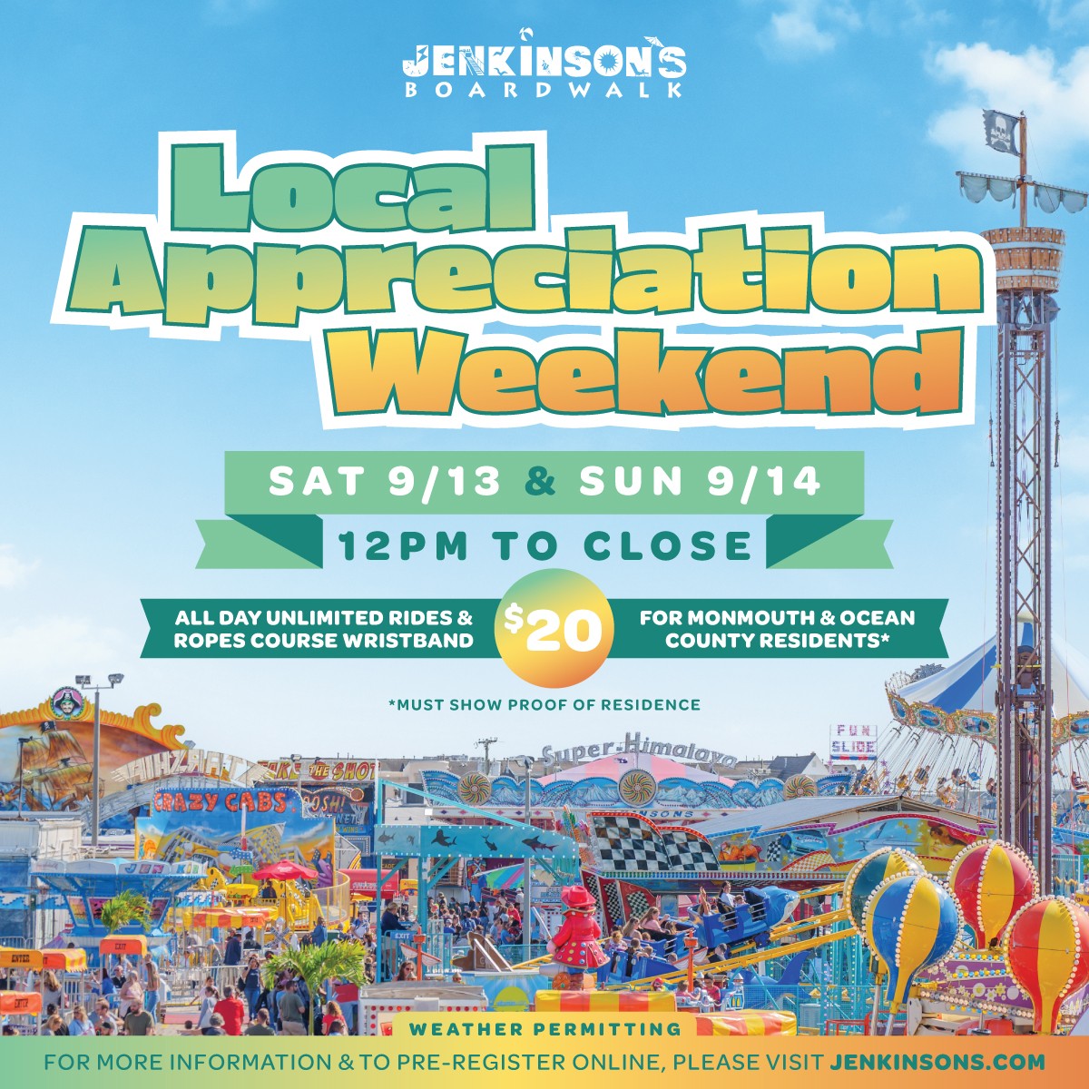 A promotion for Jenkinson's Boardwalk's Local Appreciation Weekend on 9/13 and 9/14.