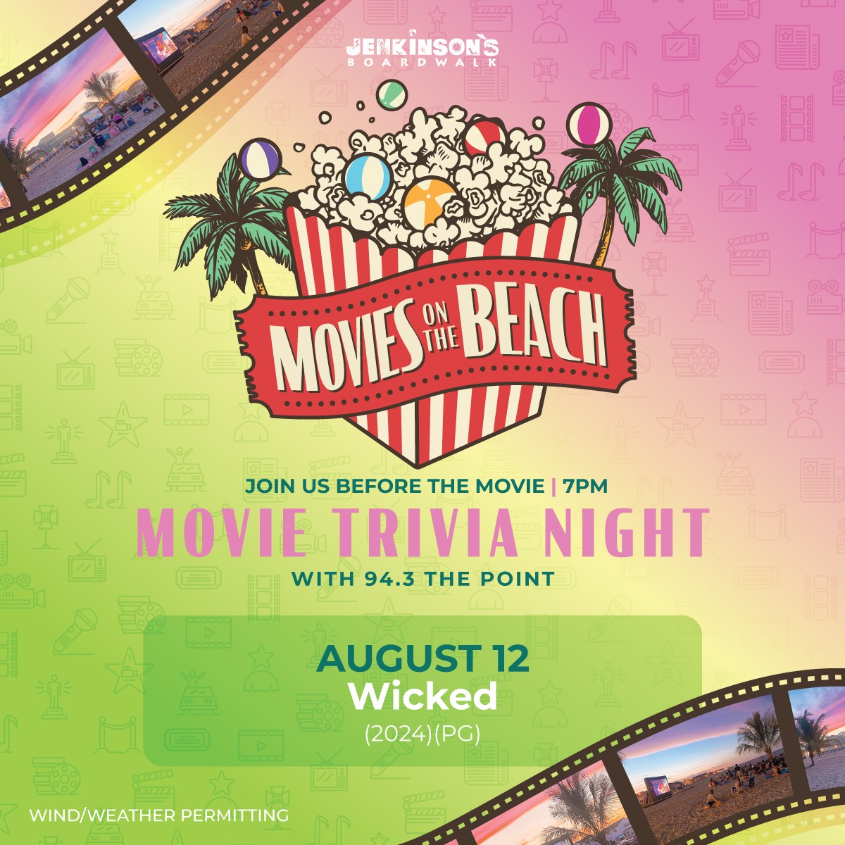 A promotional poster for "Movies on the Beach" at Jenkinson's Boardwalk on August 12. Trivia with 94.3 the Point will take place before the movie.