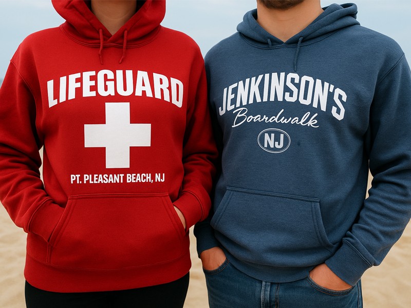 Two people wearing a red "Lifeguard" hoodie and a blue "Jenkinson's Boardwalk" hoodie standing on a sandy beach.