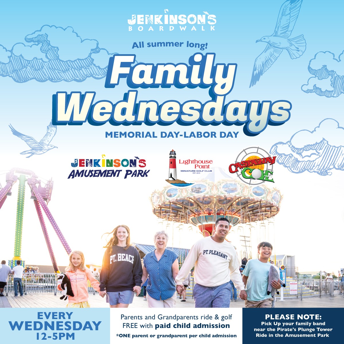 Family Wednesdays Jenkinson's Boardwalk Point Pleasant Beach parents grandparents ride golf free with paid child admission
