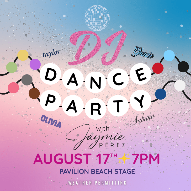 Colorful Jenkinson's Boardwalk DJ dance party poster with disco ball